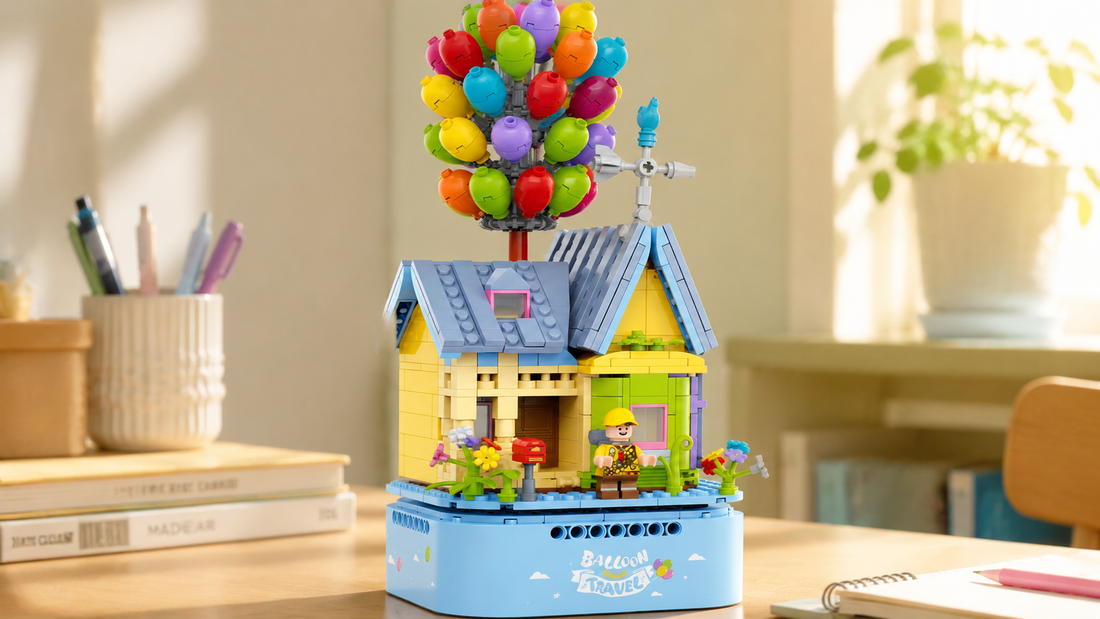 BR60504 Balloon Cottage Rotating Music Box: 637-Piece 360° Brick Build with Music
