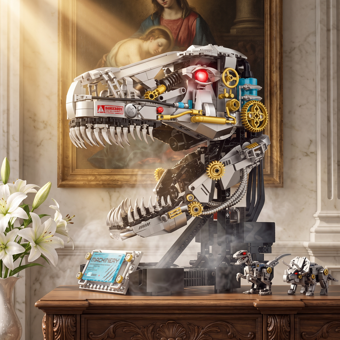 BrickRoyal DinoMech BR0005 motorized T-Rex dinosaur skull building set, 916 pieces with exposed brass gear mechanism and silver skull frame, red LED eye glowing on display stand in a dim room