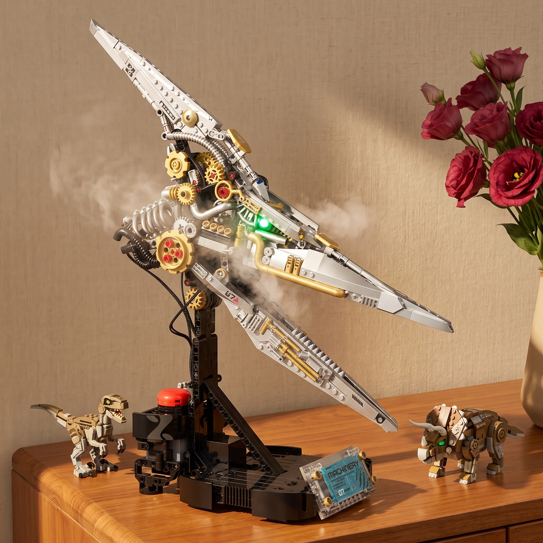 The DinoMech Pterosaur — 888 pieces, 17.4in tall, with a motorized beak, green LED eye, roar audio and mist breath from one button. The most gear-dense build in the series.