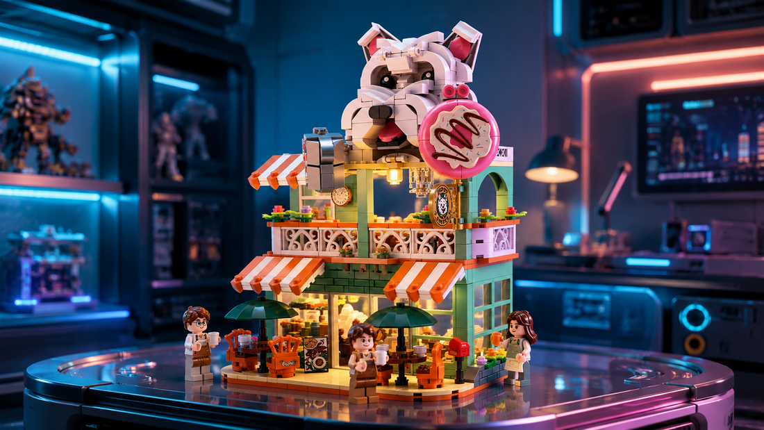 BR60524 Dog Coffee Shop: 895 Pieces of Cozy Café Detail in a Light-Up Street Scene