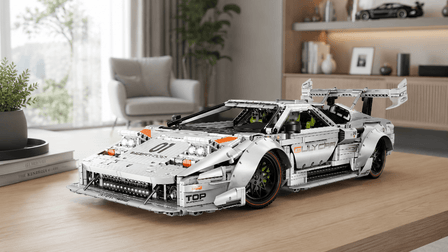 BR10649 Retro Widebody Supercar Building Set – Silver White with Door-Linked Flip Lights & Steam Spray - BrickRoyal