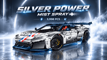 BR10656 Electroplated Silver Track Hypercar – Transparent Engine & Mist Spray - BrickRoyal