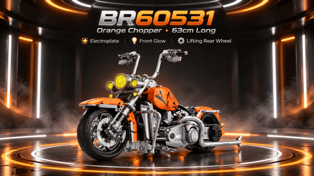 BR60531 1:5 Orange Chopper Cruiser – 63cm Long with Illuminated Triple Headlights - BrickRoyal