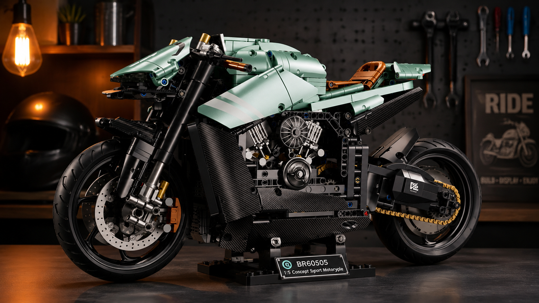 BR60505 Electroplated Concept Sport Motorcycle: A 1:5 Mechanical Brick Build with Moving Pistons