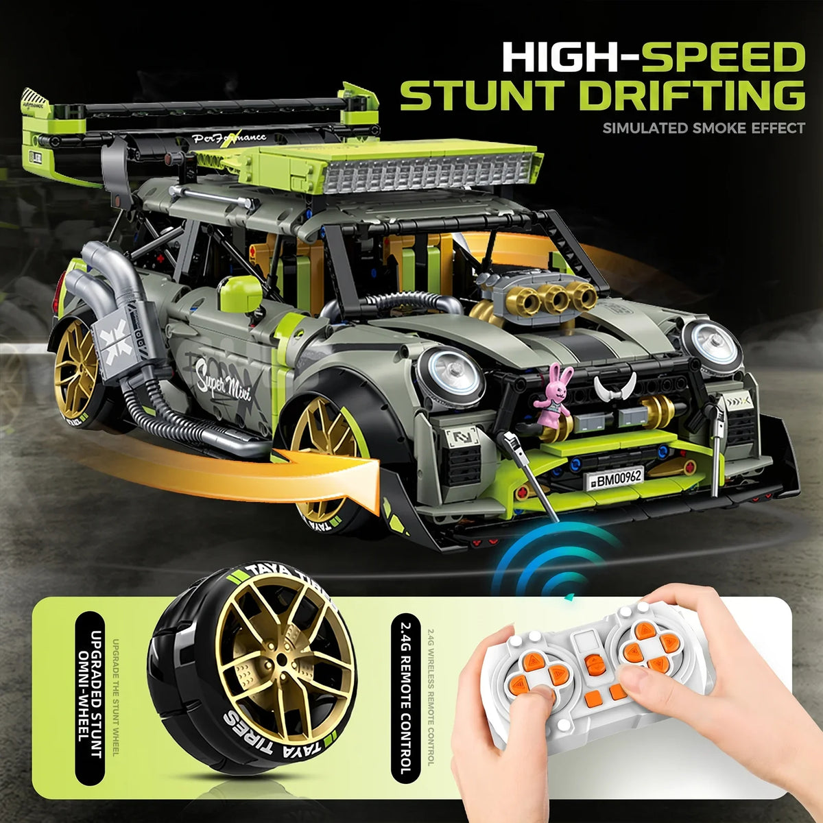 1:10 Wide-Body Drift Stunt Car Building Set — Army Green