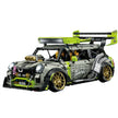 A 2,356-piece 1:10 wide-body drift stunt car in matte army green with lime accents and gold wheels. Static display, RC-upgradeable for high-speed drifting.