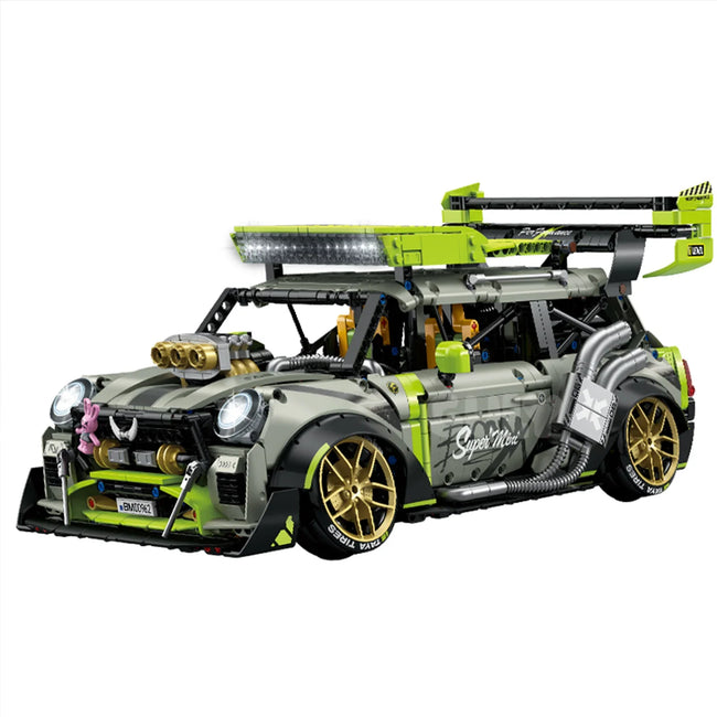 A 2,356-piece 1:10 wide-body drift stunt car in matte army green with lime accents and gold wheels. Static display, RC-upgradeable for high-speed drifting.