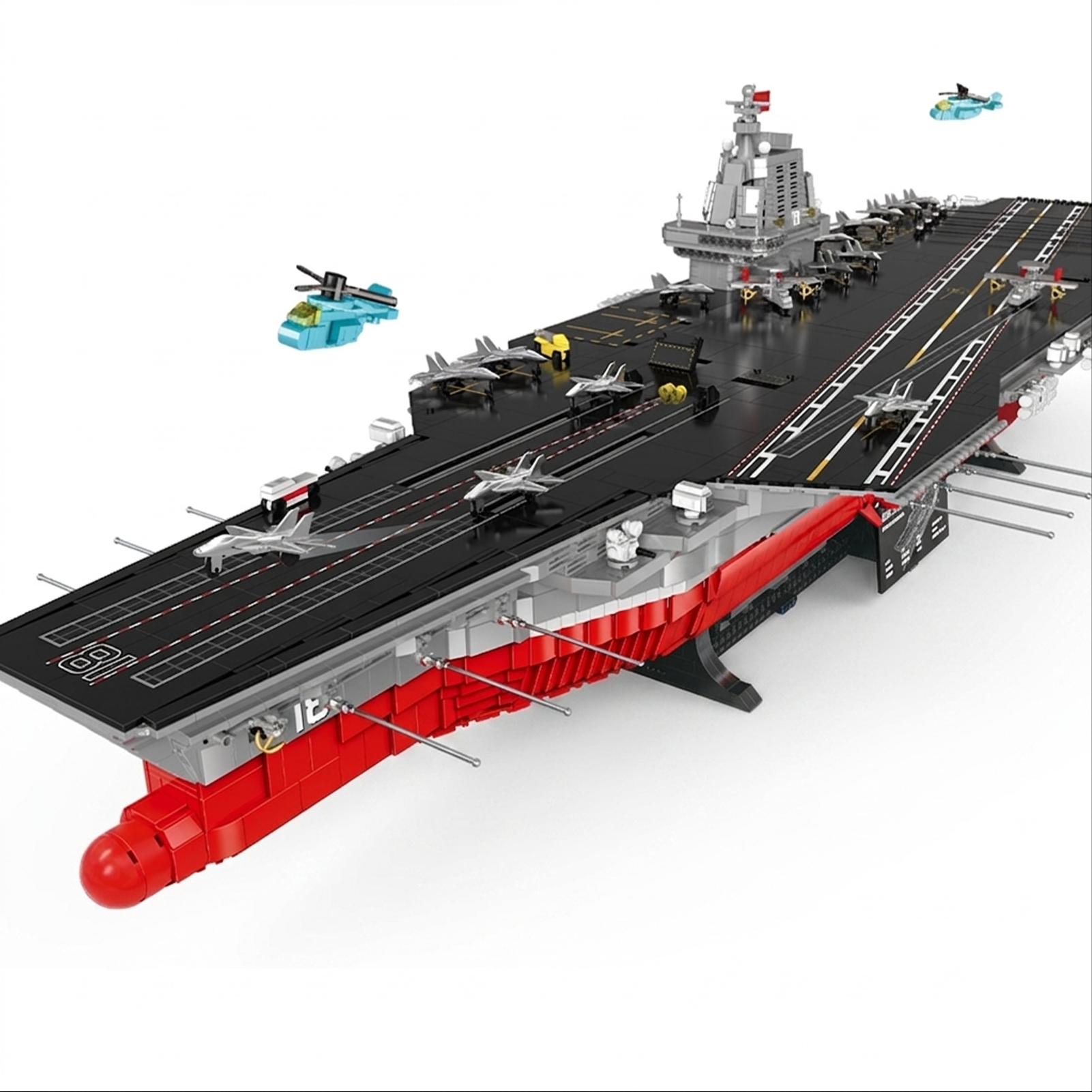 Giant 1:250 aircraft carrier, 6762 pcs, 130 cm: full air wing, 10 minifigures, removable deck. Static base, optional lighting. Adult collectible.