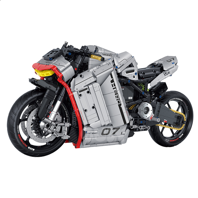 BRICKROYAL BR60507: 1:5 futuristic electric concept superbike building kit, 2099 pcs with simulated rotor motor, drive chain & display stand. Age 14+.