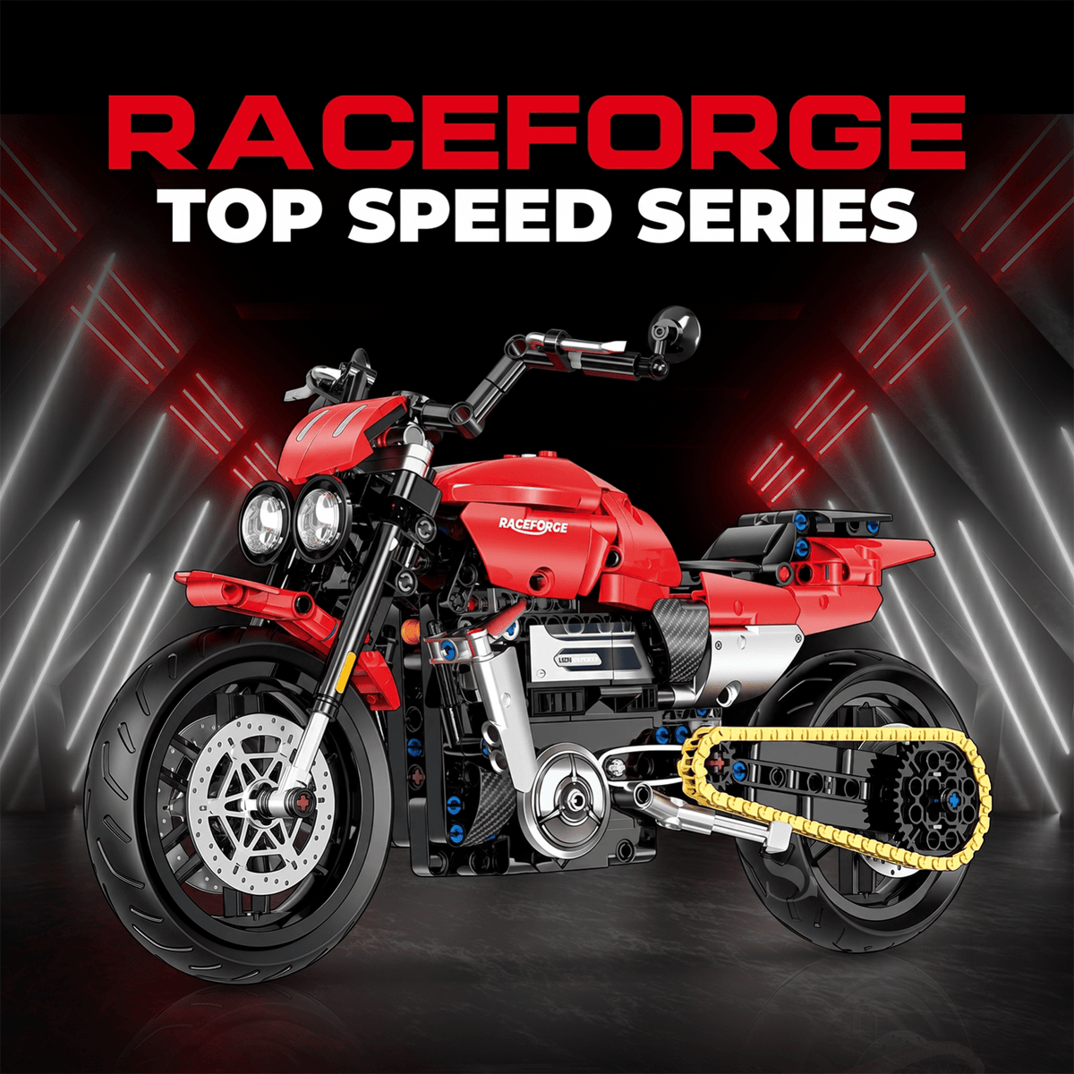 1:8 Red Power-Cruiser Motorcycle Building Kit | Mechanical Building Kits | BrickRoyal