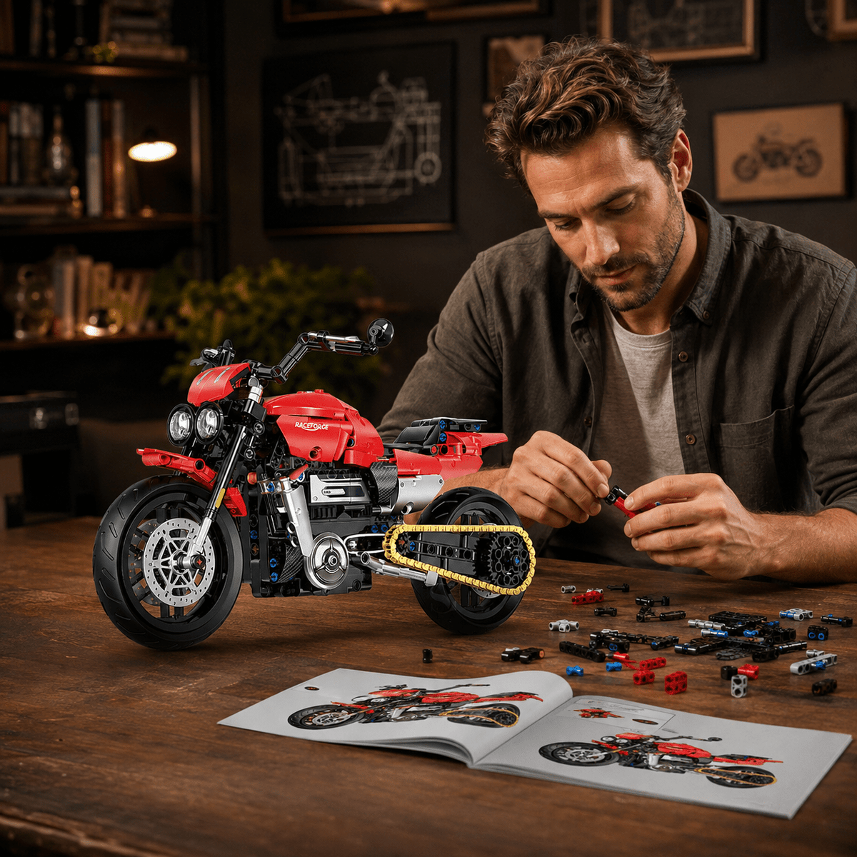 1:8 Red Power-Cruiser Motorcycle Building Kit | Mechanical Building Kits | BrickRoyal