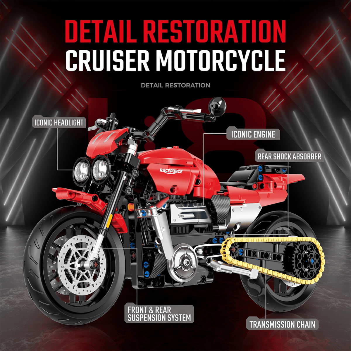 1:8 Red Power-Cruiser Motorcycle Building Kit | Mechanical Building Kits | BrickRoyal