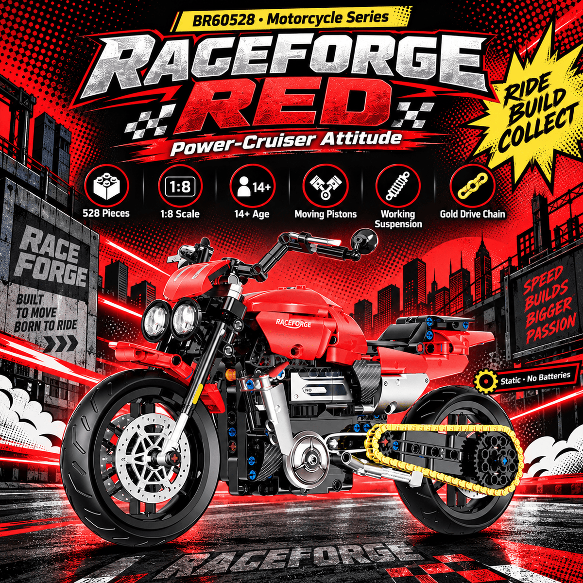 1:8 Red Power-Cruiser Motorcycle Building Kit | Mechanical Building Kits | BrickRoyal