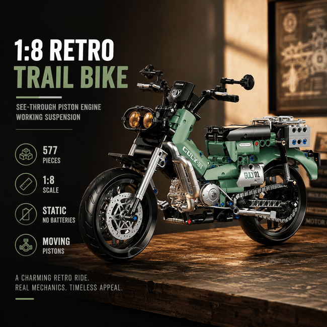 1:8 Retro Trail Motorcycle Building Kit | Mechanical Building Kits | BrickRoyal
