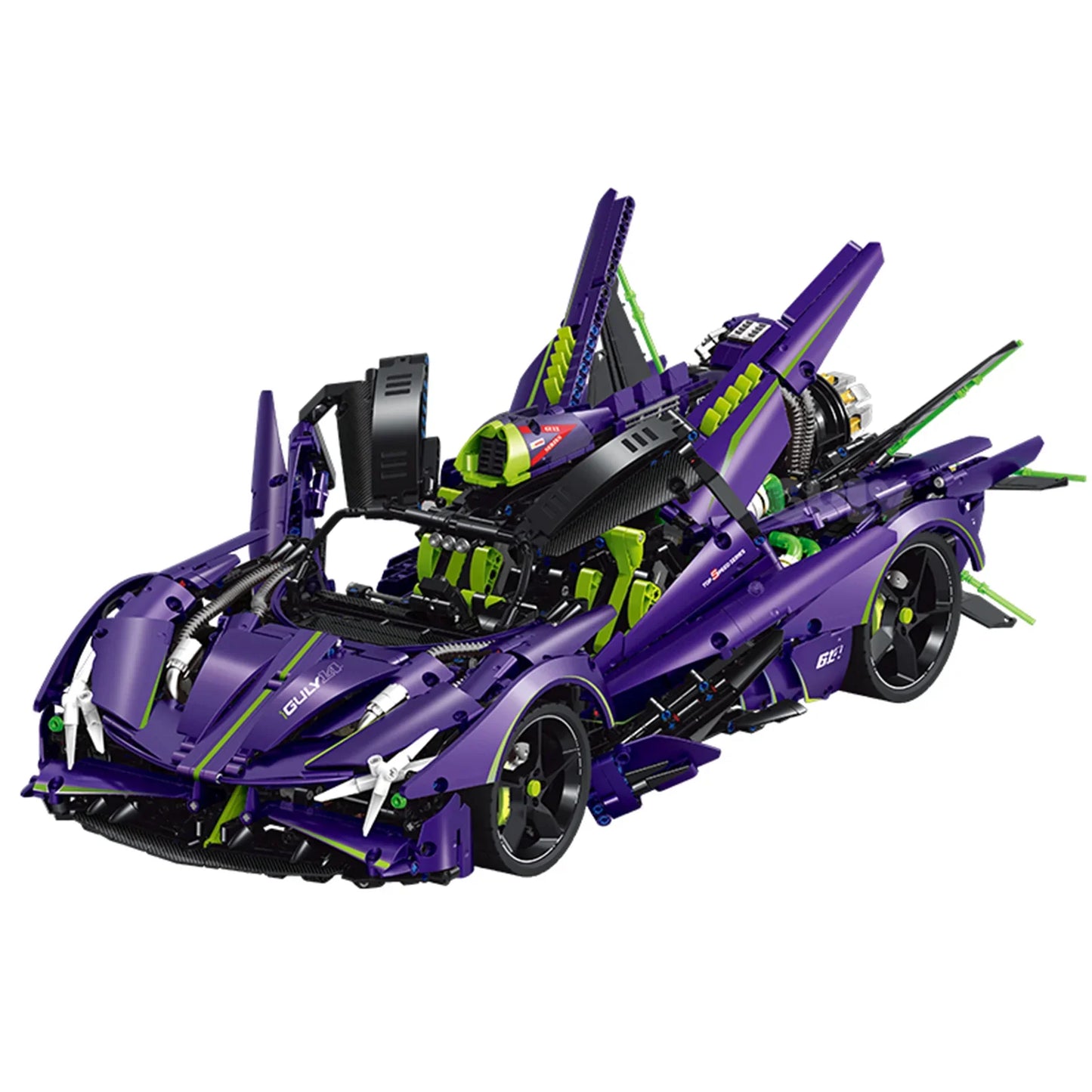 A 3,664-piece 1:8 electroplated purple-green combat supercar with exposed V-engine and nitrogen-look detailing. Static display, 