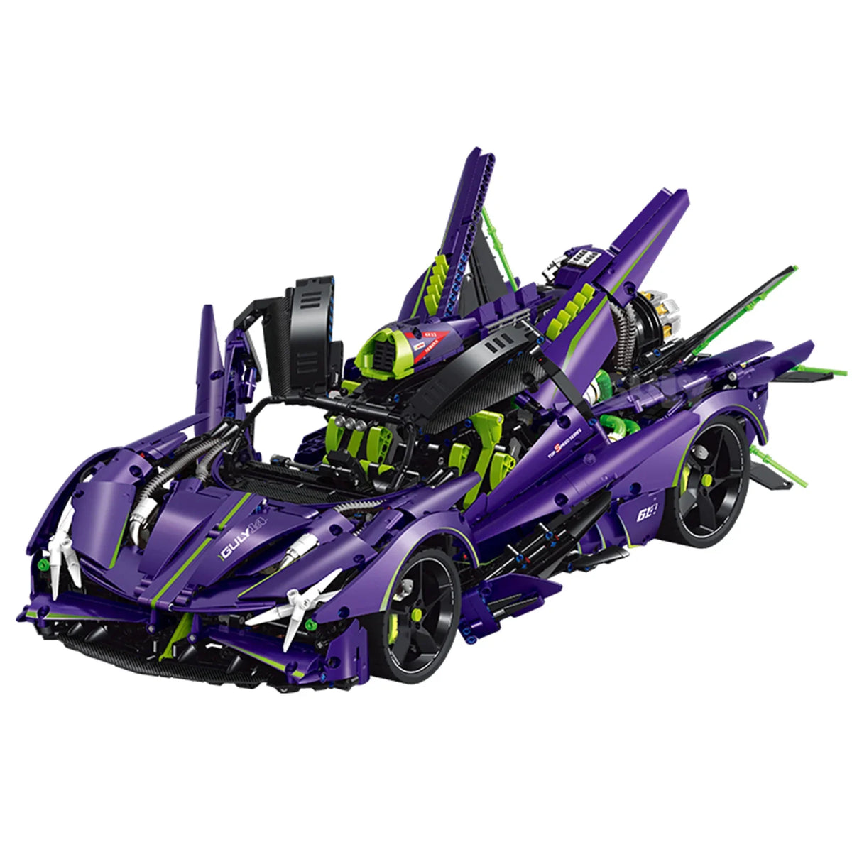 A 3,664-piece 1:8 electroplated purple-green combat supercar with exposed V-engine and nitrogen-look detailing. Static display, 