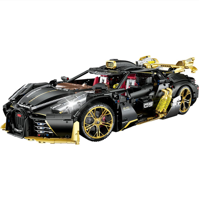 A 3,976-piece 1:8 matte-black-and-gold concept hypercar with a large engine and rear steam-mist spray. Static display, RC-upgradeable. Collectible model.