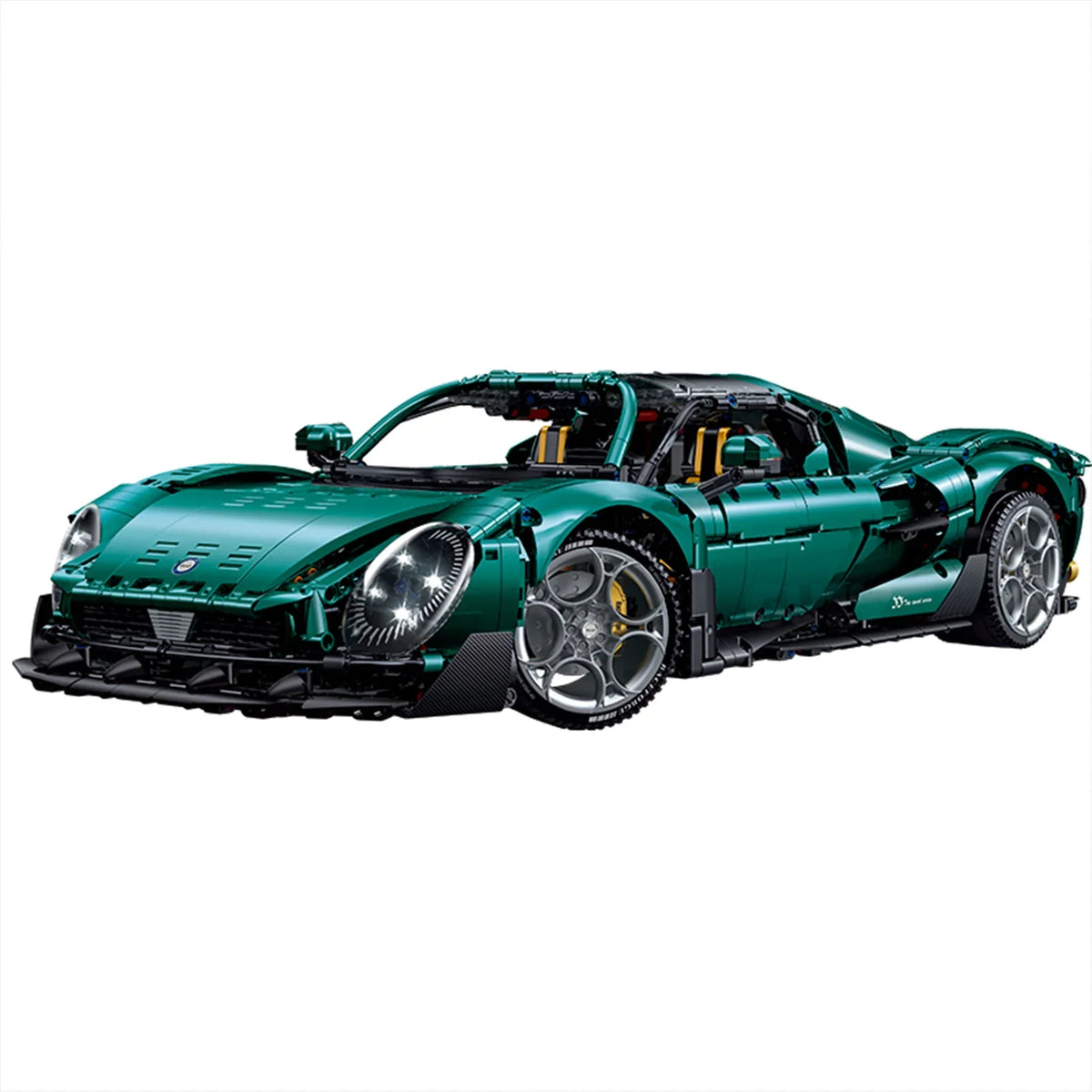 A 3,861-piece 1:8 vacuum-electroplated British-green supercar with a simulated V8 and rear steam-smoke effect. RC-upgradeable. Collectible model.