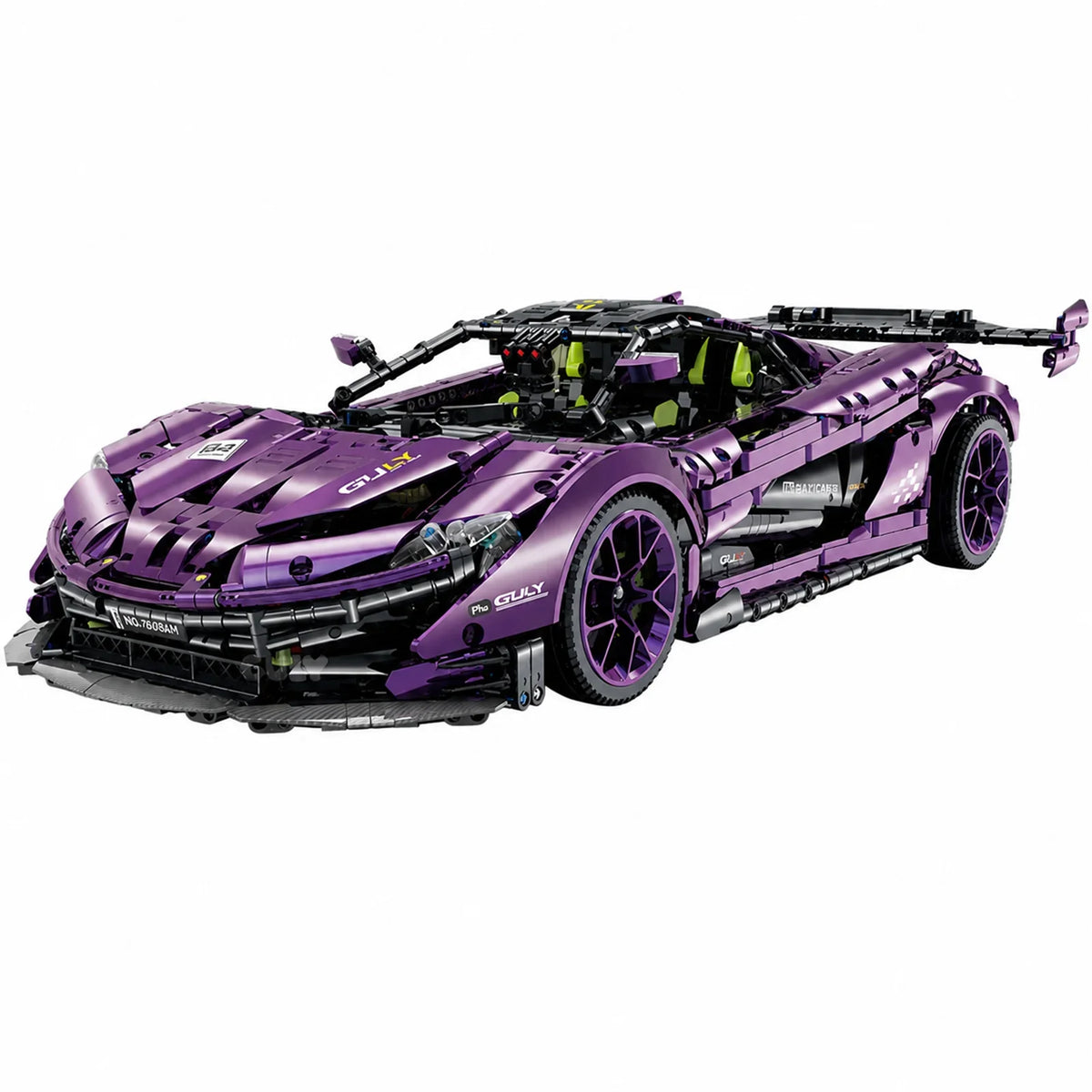 A 3,224-piece 1:8 electroplated metallic-purple concept supercar with butterfly doors, adjustable rear wing, engine linkage and 4 wheel suspension.