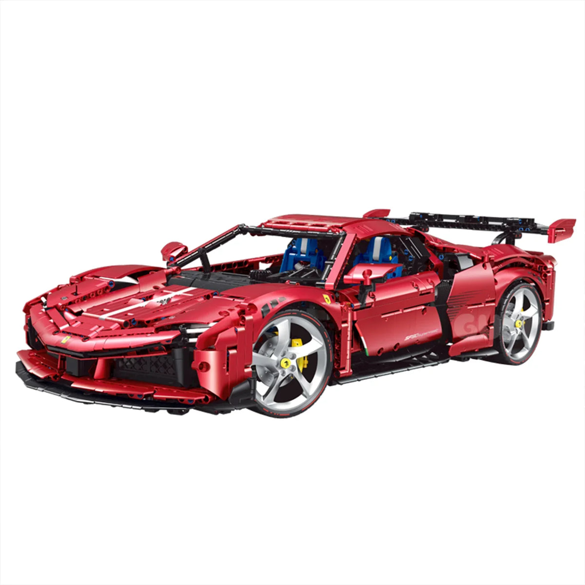 A 3,639-piece 1:8 electroplated-red concept supercar with white stripes, quad exhaust and detailed interior. Static display, RC-upgradeable. Collectible model, 