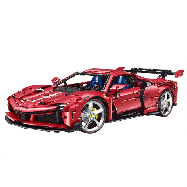 A 3,639-piece 1:8 electroplated-red concept supercar with white stripes, quad exhaust and detailed interior. Static display, RC-upgradeable. Collectible model, 