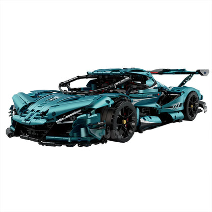 A 3,236-piece 1:8 electroplated teal concept supercar with 90° gullwing doors, working steering and engine linkage. Static display, RC-upgradeable. 