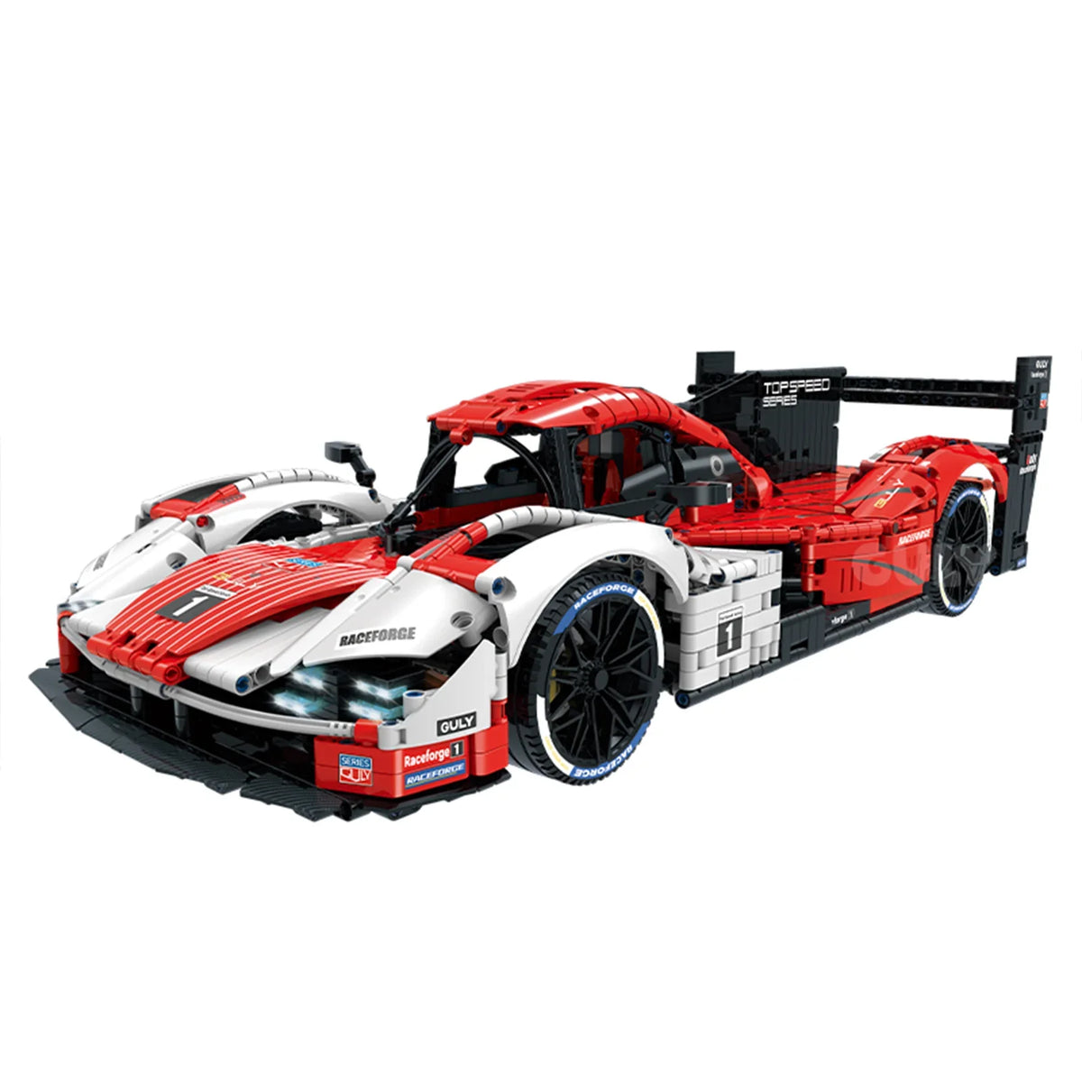 3069-piece 1:8 red-white endurance race car building kit with linkage doors, openable hood, exposed engine and shock absorbers. Static assembly, RC power upgrade set sold separately. Hobby collectible build set for ages 14+.
