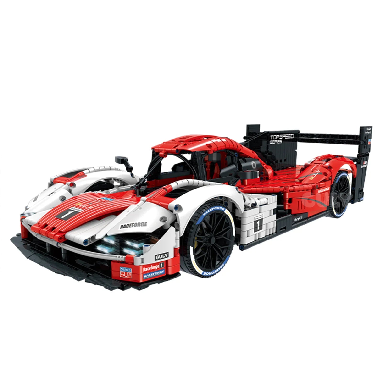 3069-piece 1:8 red-white endurance race car building kit with linkage doors, openable hood, exposed engine and shock absorbers. Static assembly, RC power upgrade set sold separately. Hobby collectible build set for ages 14+.