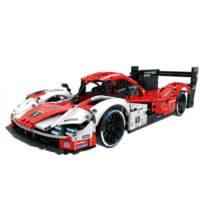 3069-piece 1:8 red-white endurance race car building kit with linkage doors, openable hood, exposed engine and shock absorbers. Static assembly, RC power upgrade set sold separately. Hobby collectible build set for ages 14+.