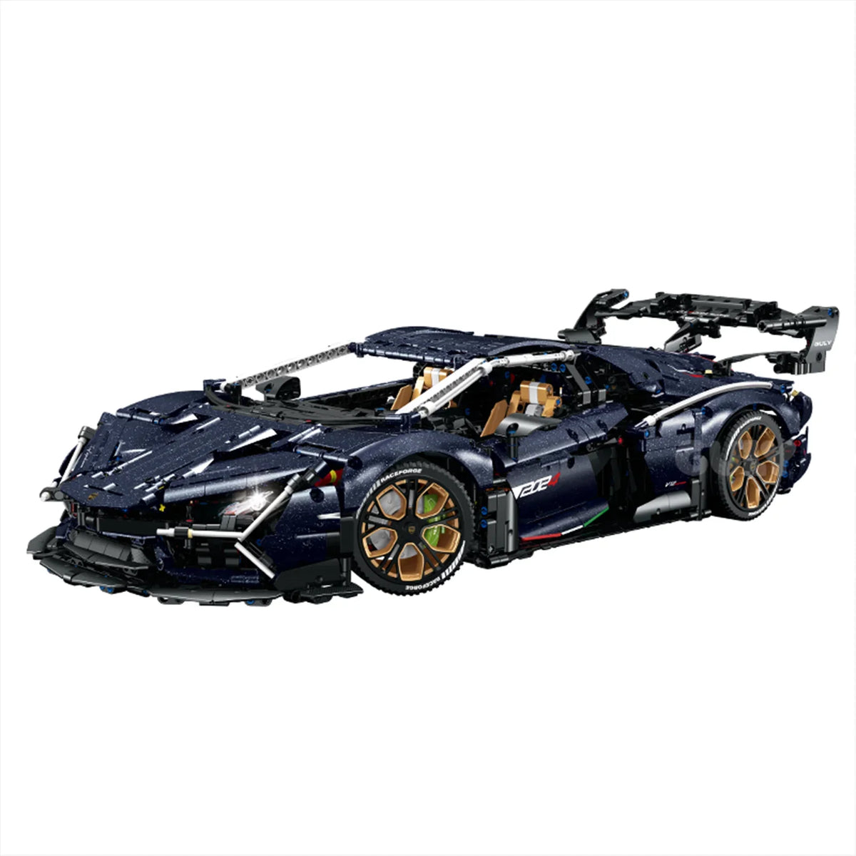 A 3,851-piece 1:8 starry-blue concept supercar with full-open armour panels, butterfly doors and switchable 2WD/4WD. Static display, RC-upgradeable. 