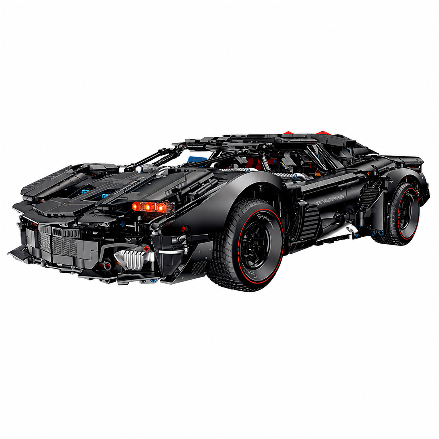 A 3,927-piece 1:8 armored concept supercar in matte frosted black with butterfly doors, a retractable roof module and steering linkage, RC-upgradeable. 