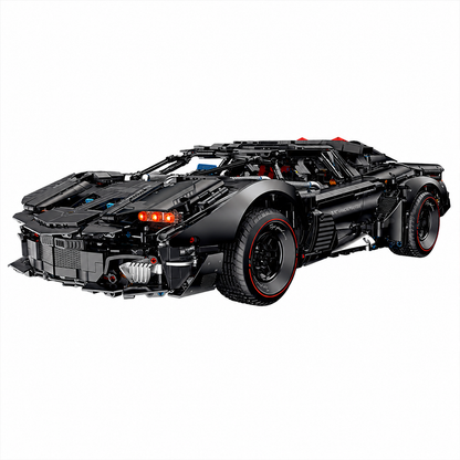 A 3,927-piece 1:8 armored concept supercar in matte frosted black with butterfly doors, a retractable roof module and steering linkage, RC-upgradeable. 