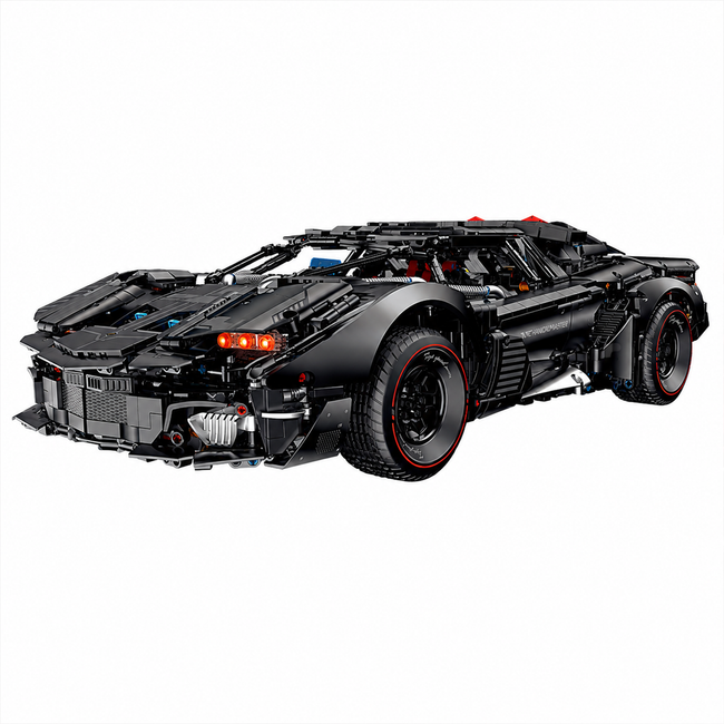 A 3,927-piece 1:8 armored concept supercar in matte frosted black with butterfly doors, a retractable roof module and steering linkage, RC-upgradeable. 
