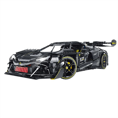 A 3,729-piece 1:8 meteorite-black track supercar with yellow accents, adjustable rear wing and central exhaust. Static display, RC-upgradeable. Collectiblemodel