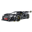 A 3,729-piece 1:8 meteorite-black track supercar with yellow accents, adjustable rear wing and central exhaust. Static display, RC-upgradeable. Collectiblemodel