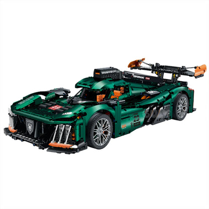 A 3,537-piece 1:8 electroplated racing-green endurance concept car with scissor doors, 3-speed gearshift and steering linkage. Static display, RC-upgradeable with motorized lift wing. Collectible model, 14+.