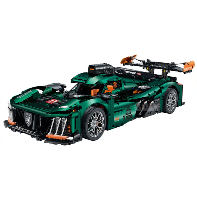 A 3,537-piece 1:8 electroplated racing-green endurance concept car with scissor doors, 3-speed gearshift and steering linkage. Static display, RC-upgradeable with motorized lift wing. Collectible model, 14+.