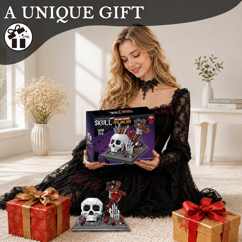 Gothic Skull Pen Holder Building Set – Dark Desk Art That Holds Your Pens