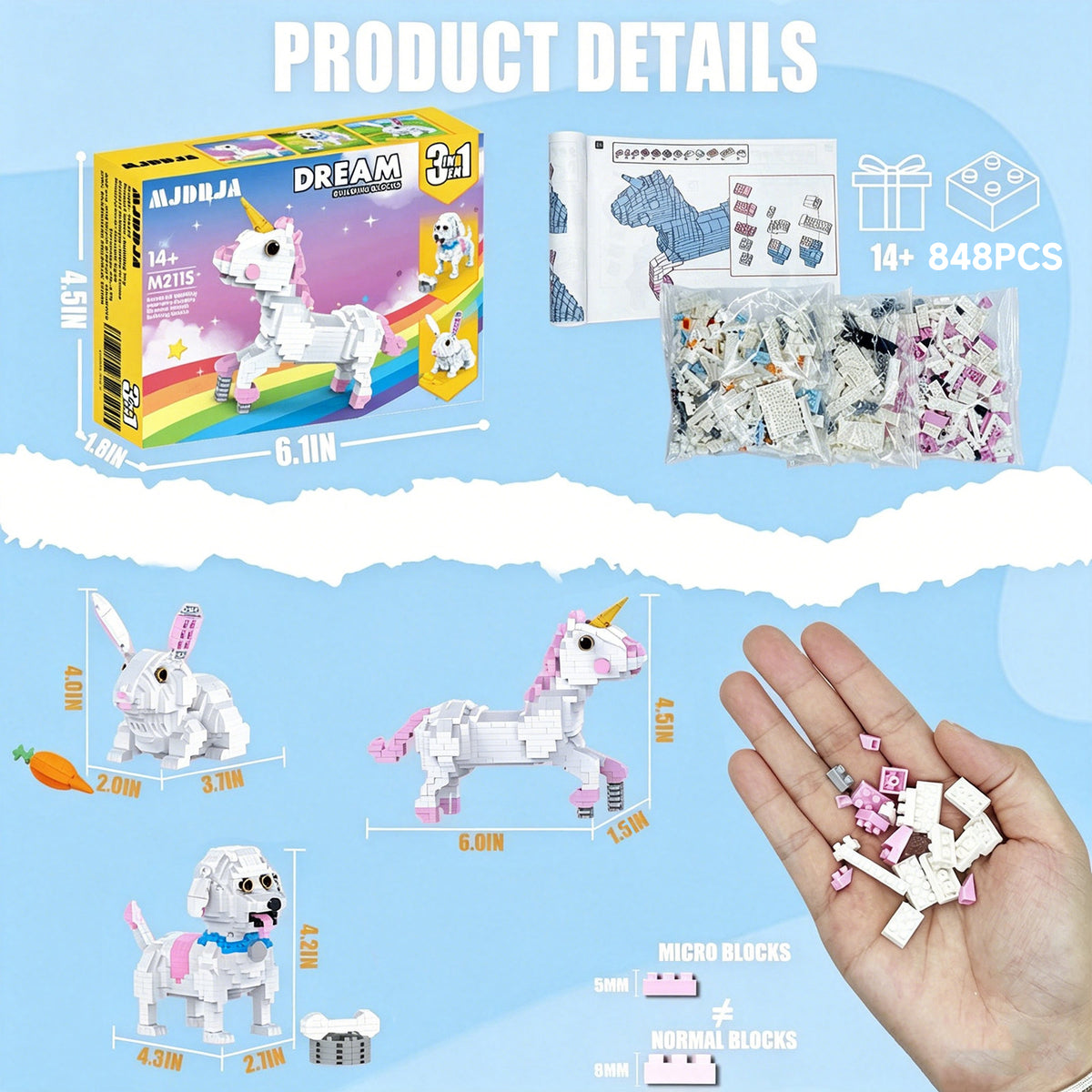 Build a Dreamy Trio: 3-in-1 Unicorn, Bunny & Puppy Micro Brick Set