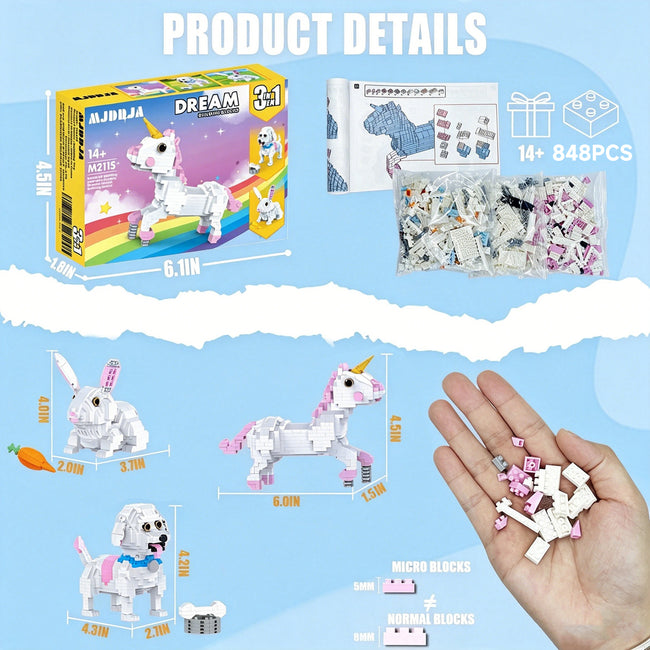 Build a Dreamy Trio: 3-in-1 Unicorn, Bunny & Puppy Micro Brick Set