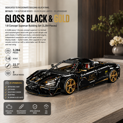 1:8 Concept Supercar Building Set — Gloss Black & Gold