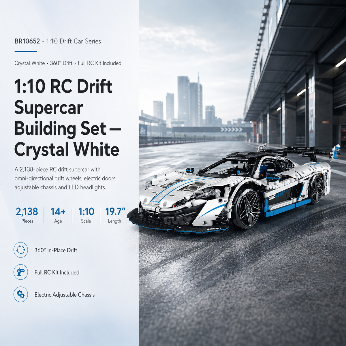 1:10 RC Drift Supercar Building Set — Crystal White