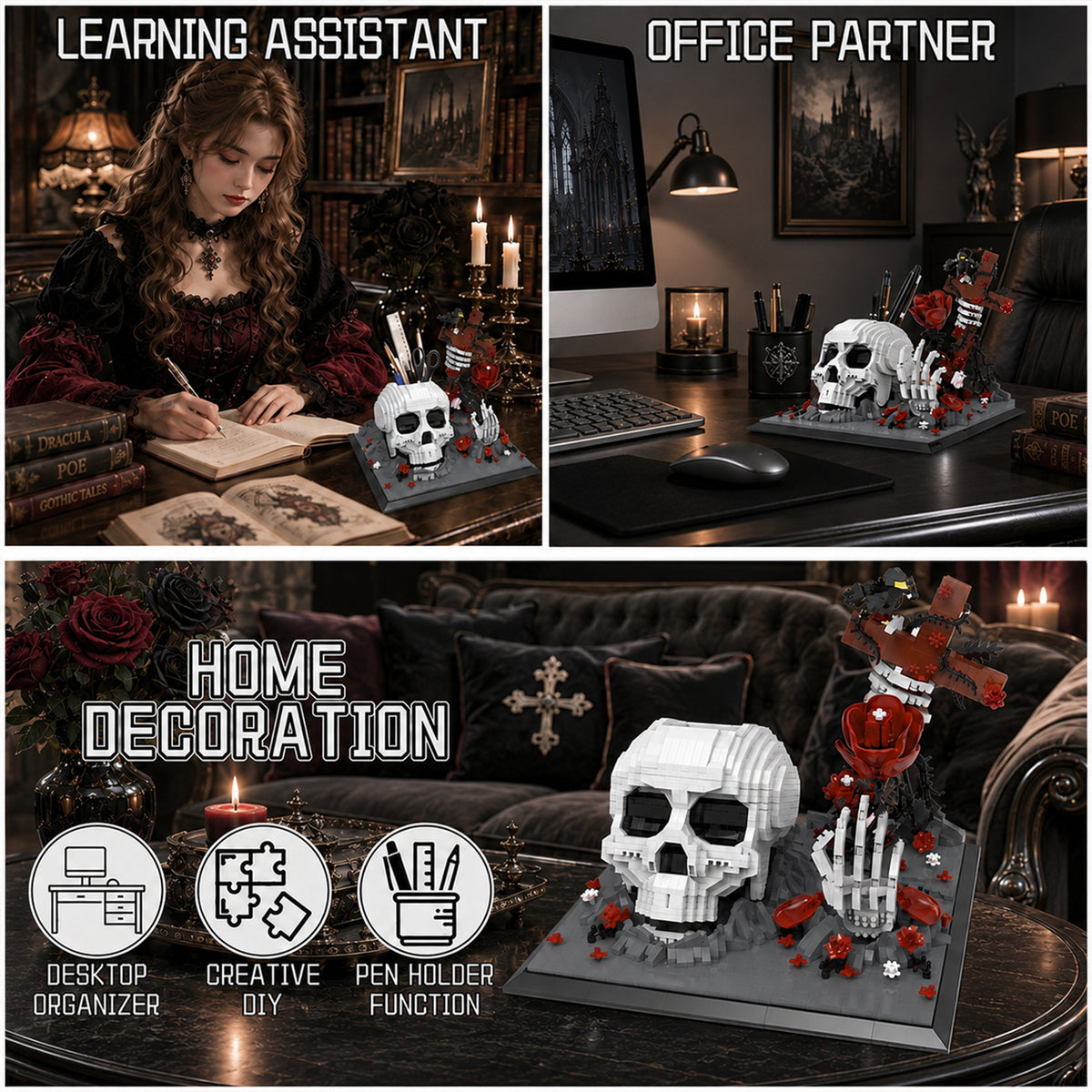 Gothic Skull Pen Holder Building Set – Dark Desk Art That Holds Your Pens