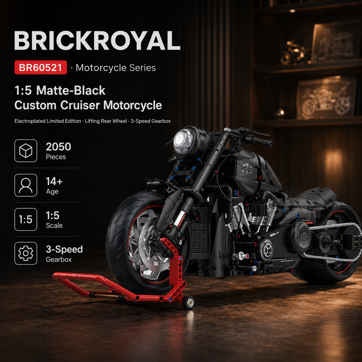 1:5 Matte-Black Custom Cruiser Motorcycle Building Kit