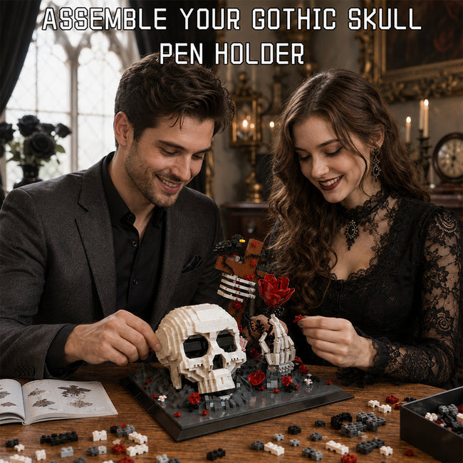 Gothic Skull Pen Holder Building Set – Dark Desk Art That Holds Your Pens