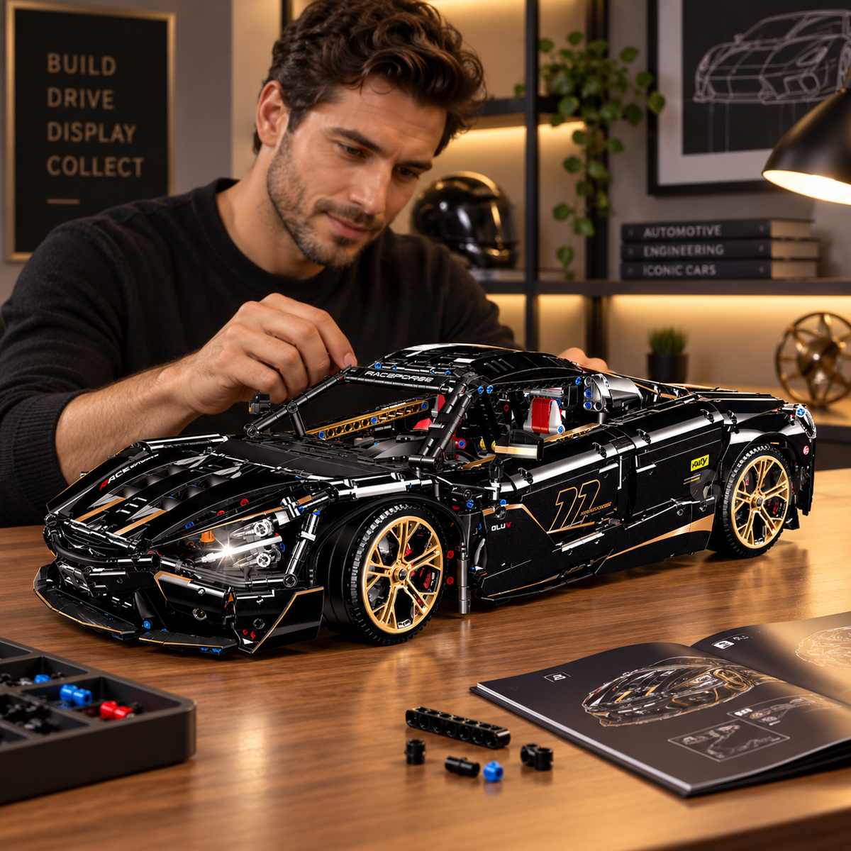 1:8 Concept Supercar Building Set — Gloss Black & Gold