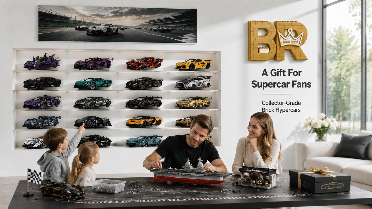 BrickRoyal collector-grade brick hypercars displayed in a premium family building room