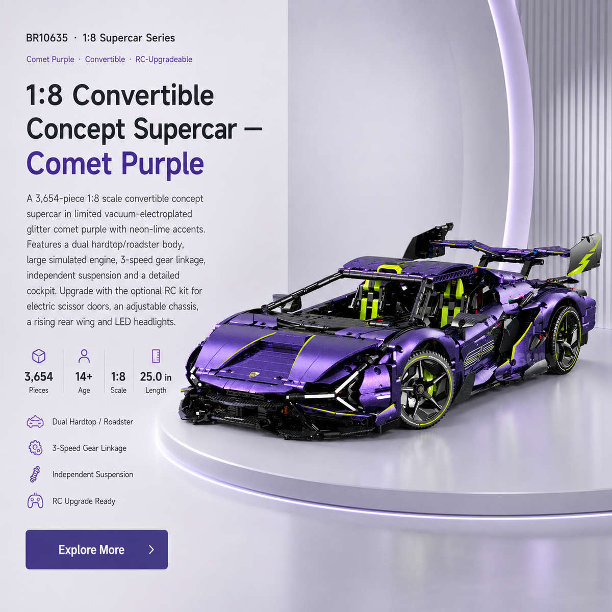 1:8 Convertible Concept Supercar Building Set — Comet PurpleOption