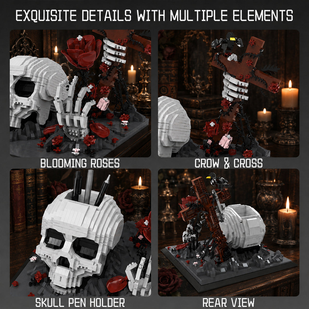 Gothic Skull Pen Holder Building Set – Dark Desk Art That Holds Your Pens