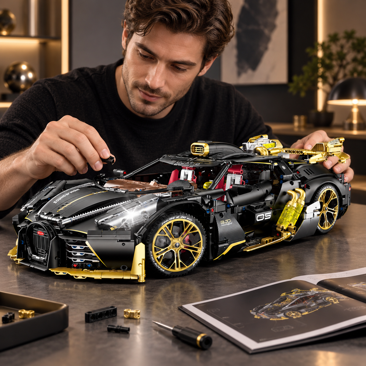 1:8 Concept Hypercar Building Set — Matte Black & Gold